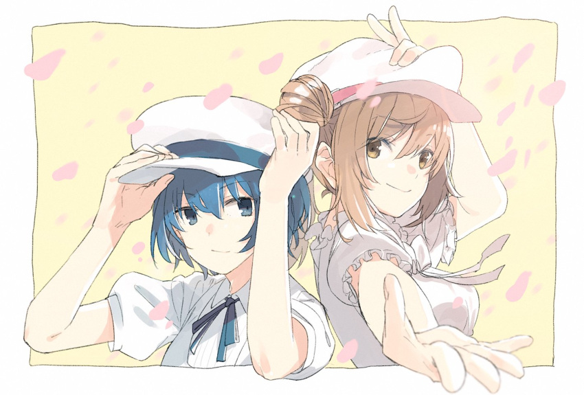 2girls arm_up arms_up back-to-back blue_eyes blue_hair blue_ribbon border brown_eyes brown_hair cevio closed_mouth collared_shirt commentary dress falling_petals foreshortening frilled_sleeves frills hair_bun hand_on_headwear hitogome looking_at_viewer medium_hair multiple_girls neck_ribbon outside_border outstretched_hand petals pinafore_dress puffy_short_sleeves puffy_sleeves reaching_towards_viewer ribbed_shirt ribbon satou_sasara shirt short_hair short_sleeves side_ponytail simple_background single_side_bun sleeveless sleeveless_dress smile smirk suzuki_tsudumi upper_body v white_border white_dress white_headwear white_ribbon yellow_background