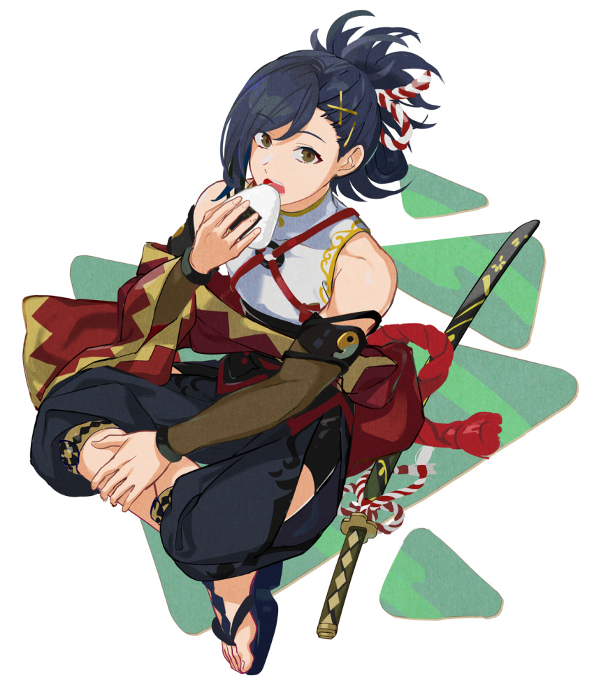 1boy bare_shoulders blue_hair brown_eyes eating feet fire_emblem fire_emblem_engage folded_ponytail food highres holding holding_food japanese_clothes kagetsu_(fire_emblem) katana looking_at_viewer male_focus medium_hair mikami onigiri rope sandals shimenawa solo sword weapon white_background