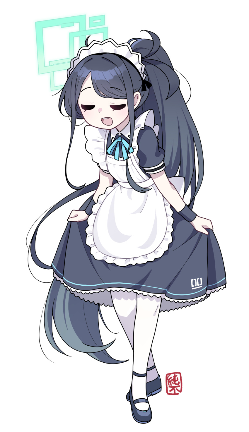 1girl absurdly_long_hair absurdres apron aris_(blue_archive) aris_(maid)_(blue_archive) black_hair blue_archive closed_eyes halo highres junsuina_fujunbutsu leaning_forward long_hair maid maid_apron maid_headdress official_alternate_costume official_alternate_hairstyle ponytail shirt_hold solo thigh-highs very_long_hair white_background white_thighhighs