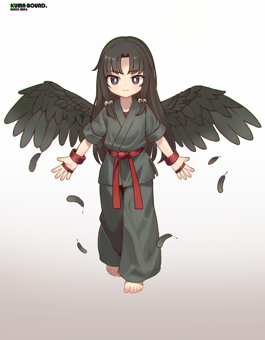 1girl barefoot belt black_eyes black_feathers black_hair black_wings closed_mouth dougi facing_viewer feathered_wings feathers feet highres karate kuma-bound long_hair original red_belt simple_background solo toes white_background wings