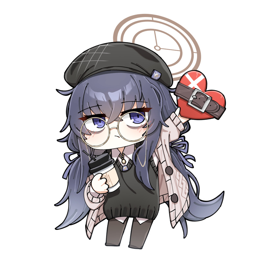 1girl :/ absurdres alternate_costume arm_up belt belt_buckle beret black_headwear black_pantyhose black_sweater_vest blue_archive blue_eyes blue_hair blue_ribbon box brown_belt buckle buttons cardigan chibi closed_mouth collared_shirt commentary crossed_bangs cup dark_blue_hair di_le_to disposable_cup drinking_straw eyewear_strap full_body glasses hair_ribbon halo hat heart-shaped_box highres holding holding_box holding_cup jewelry long_hair long_sleeves low_twintails necklace no_shoes open_cardigan open_clothes outstretched_arm pantyhose pendant reaching ribbon round_eyewear shirt simple_background solo standing sweater_vest twintails ui_(blue_archive) very_long_hair white_background white_shirt wing_collar yellow-framed_eyewear