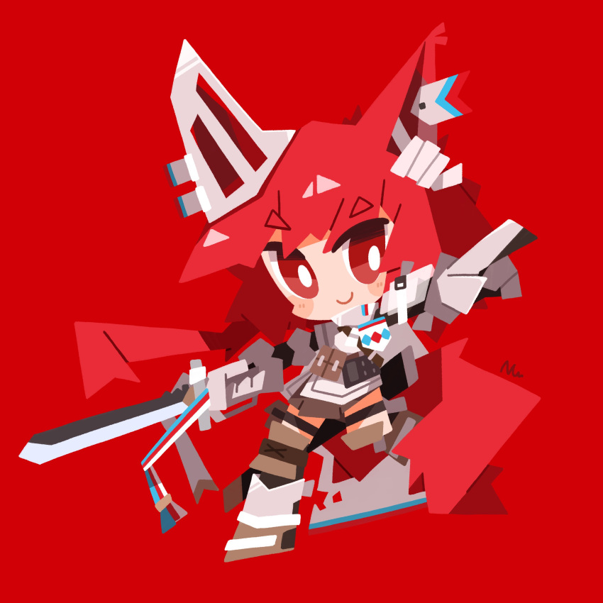 1girl absurdres animal_ears arknights armor blush blush_stickers bright_pupils c: chibi commentary ear_covers flametail_(arknights) full_body gambeson gauntlets highres holding holding_weapon long_hair looking_at_viewer nuu_(nu-nyu) pointing red_background red_eyes redhead signature simple_background smile solo squirrel_ears squirrel_girl tail thigh_pouch weapon white_pupils