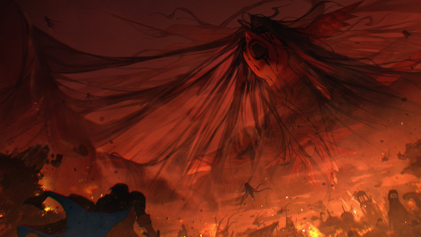 1boy 1girl adventurer_(ff14) apocalypse black_hair black_lips black_sclera black_tears blue_cape building burning cape clouds colored_sclera debris destruction dripping dutch_angle eboda-x feathered_wings final_fantasy final_fantasy_xiv fire floating_cape giant giantess head_wings highres horror_(theme) long_hair mask mask_around_neck monster multiple_wings open_mouth paladin_(final_fantasy) red_sky red_theme screaming silhouette sky spoilers tears the_endsinger warrior_of_light_(ff14) wind wings
