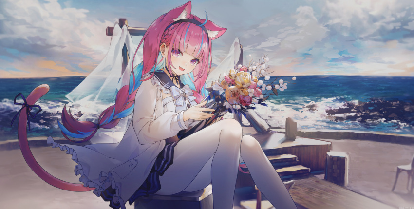1girl absurdres ahoge anchor_symbol animal_ear_fluff animal_ears black_hairband black_ribbon blue_skirt blunt_bangs bouquet bow bowtie braid cat_ears cat_girl cat_tail clouds cloudy_sky commentary_request feet_out_of_frame frills hairband highres holding holding_bouquet hololive jacket kemonomimi_mode knees_up long_hair long_sleeves looking_at_viewer minato_aqua multicolored_hair ocean official_alternate_hairstyle open_clothes open_jacket outdoors pantyhose pink_hair ribbon sailor_collar shirt sitting skirt sky solo streaked_hair swkl:d tail tail_ornament tail_ribbon twin_braids two-tone_hair very_long_hair violet_eyes virtual_youtuber water white_bow white_bowtie white_jacket white_pantyhose white_shirt