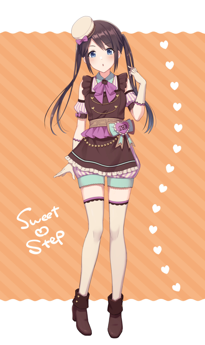 1girl absurdres ankle_boots apron arm_guards black_hair blue_eyes blush boots bow bowtie breasts brown_apron brown_sash dot_nose elbow_gloves english_text full_body gloves hair_bow hand_up hat hat_ribbon heart heart_background highres idolmaster idolmaster_shiny_colors long_hair looking_at_viewer mini_hat mitsumine_yuika open_mouth orange_background pink_bow pink_bowtie pink_ribbon pink_shirt pink_shorts ribbon saka_nanato shirt shorts small_breasts solo standing striped striped_background striped_shirt striped_shorts text_background thigh-highs twintails two-tone_background white_gloves white_thighhighs
