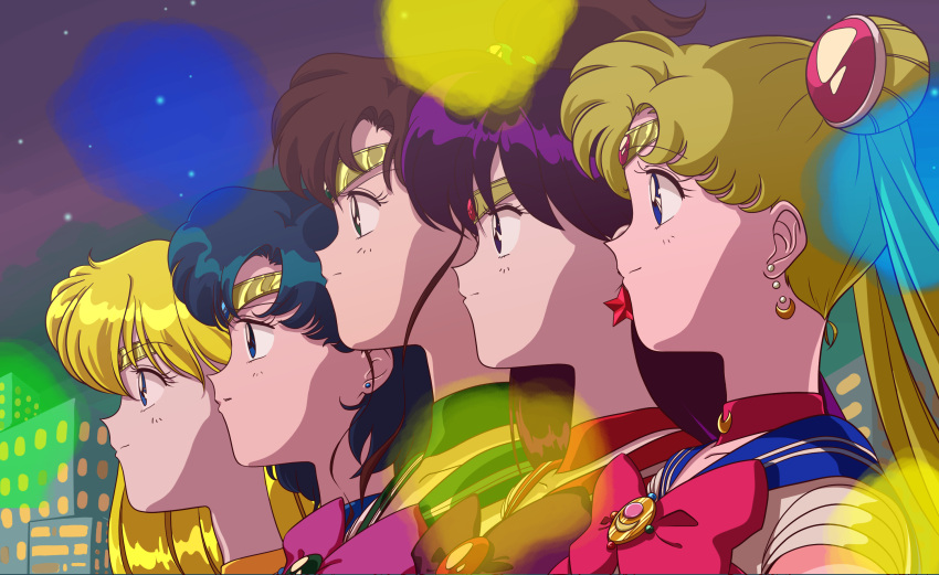 5girls aino_minako bishoujo_senshi_sailor_moon blonde_hair blue_choker blue_eyes blue_gemstone blue_hair blue_sailor_collar bow bowtie brooch brown_hair choker circlet crescent crescent_earrings double_bun earrings from_side gem gold gold_earrings green_choker green_eyes green_sailor_collar hair_bobbles hair_bun hair_ornament highres hino_rei jewelry kino_makoto leotard long_hair medium_hair mizuno_ami multiple_girls orange_choker orange_gemstone parted_bangs pearl pink_bow pink_bowtie ponytail purple_bow purple_bowtie purple_hair red_bow red_bowtie red_choker red_gemstone red_sailor_collar red_skirt sailor_collar sailor_jupiter sailor_mars sailor_mercury sailor_moon sailor_venus shirt short_hair short_sleeves sidelocks skirt stud_earrings swept_bangs twintails very_long_hair vfwe2535 violet_eyes white_leotard white_shirt