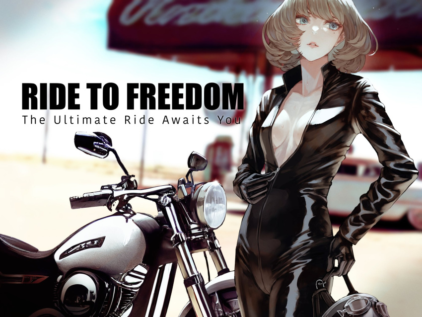 1girl biker_clothes bikesuit black_gloves blue_eyes blurry blurry_background bodysuit breasts brown_hair commentary_request day depth_of_field english_text glint gloves ground_vehicle hand_on_own_hip helmet highres holding holding_helmet idolmaster idolmaster_cinderella_girls kaoming light_brown_hair lips long_sleeves looking_afar medium_breasts mole mole_under_eye motor_vehicle motorcycle outdoors parted_lips partially_unzipped short_hair solo sweat takagaki_kaede zipper_pull_tab
