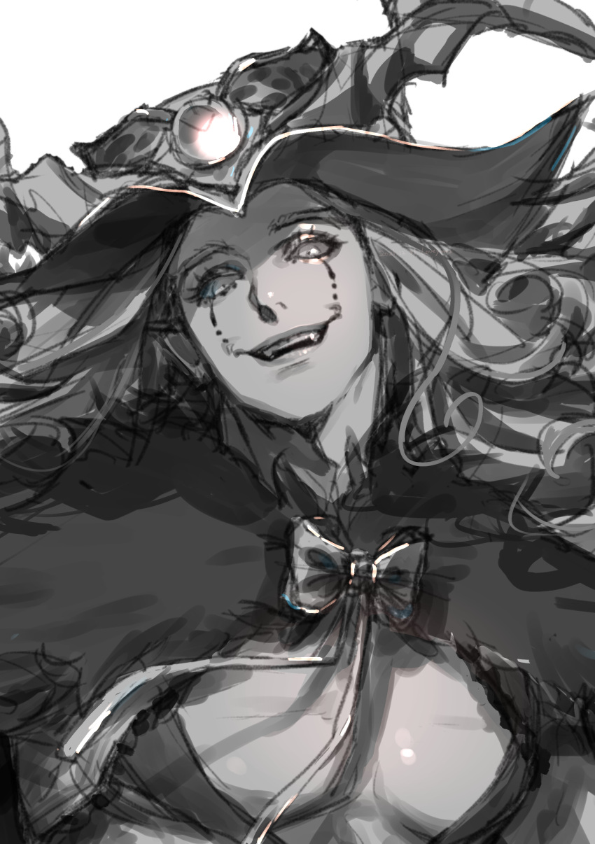 1boy absurdres bow bowtie cape clown curly_hair demon_boy fate/grand_order fate_(series) fur-trimmed_cape fur_trim greyscale hat headpiece highres long_hair looking_at_viewer loveyama makeup male_focus mephistopheles_(fate) monochrome pectorals simple_background smile solo teardrop white_background
