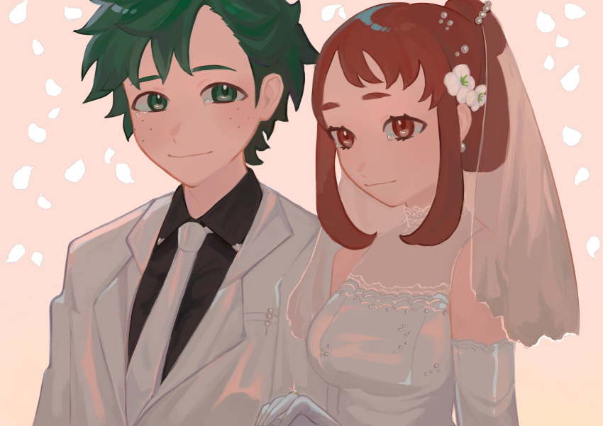 boku_no_hero_academia brown_eyes brown_hair couple dress flower fluffy garden gloves green_eyes green_hair highres jacket midoriya_izuku pink_background ship surreal tears the_lovers_(tarot) uraraka_ochako watercraft wedding_dress white_dress white_gloves white_jacket