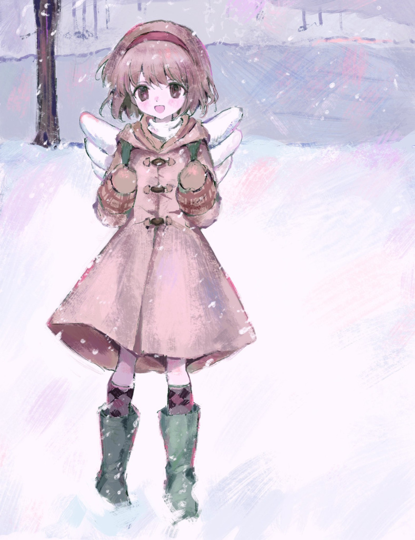 1girl :d boots brown_coat brown_eyes brown_hair coat hairband highres kanon long_sleeves looking_at_viewer mittens no_pupils open_mouth outdoors plaid_socks red_hairband short_hair smile snow snowing solo standing tsukimiya_ayu white_wings wings winter yuyuyuyhz