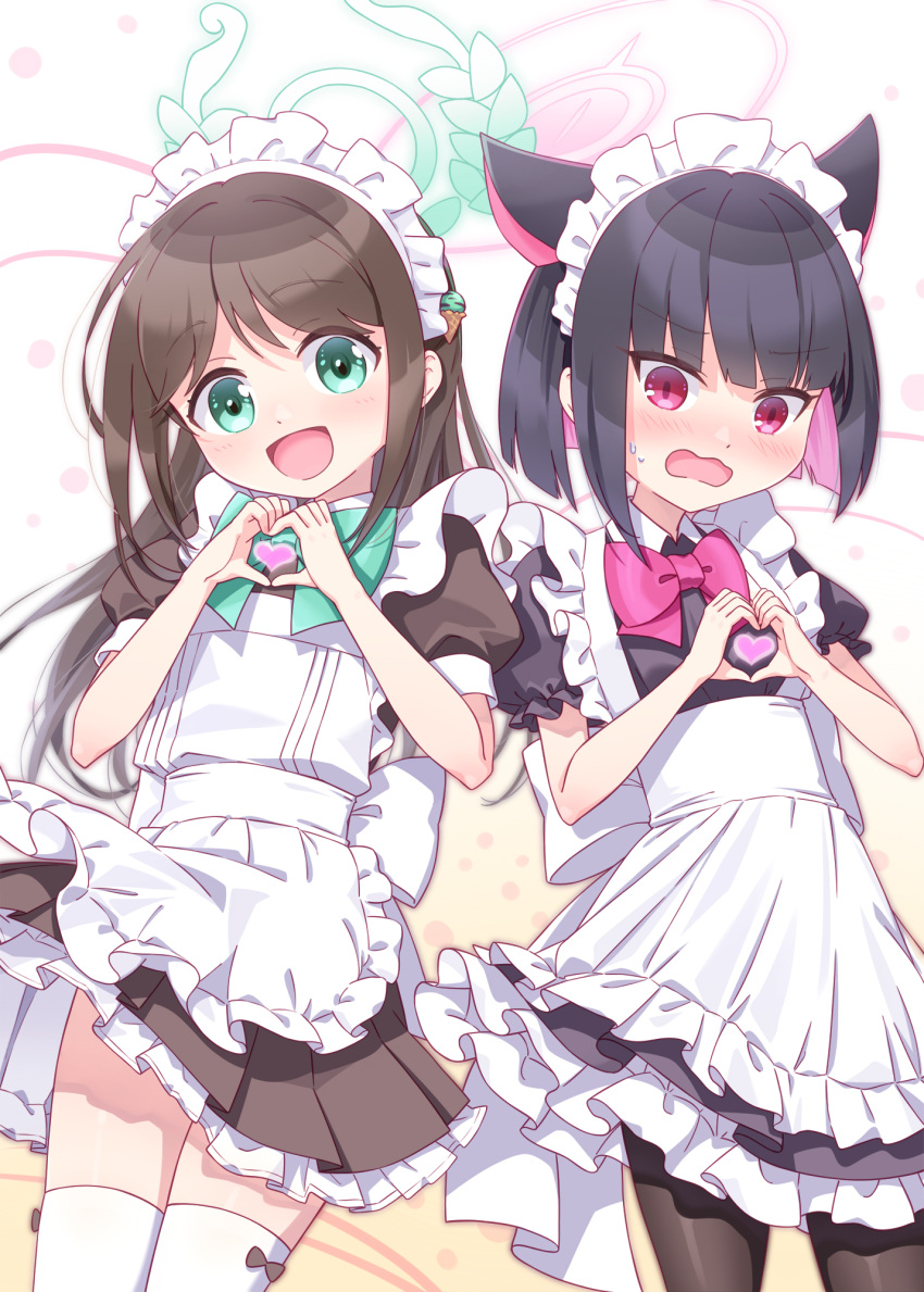 2girls :d airi_(blue_archive) alternate_costume apron black_dress black_hair blue_archive blush bow brown_dress brown_hair brown_pantyhose collared_shirt commentary_request dress enmaided frilled_apron frilled_dress frills green_bow green_eyes halo hands_up harada_(sansei_rain) heart heart_hands highres kazusa_(blue_archive) long_hair maid maid_apron maid_headdress multicolored_hair multiple_girls pantyhose pink_bow pink_hair puffy_short_sleeves puffy_sleeves red_eyes shirt short_sleeves smile sweat thigh-highs two-tone_hair very_long_hair wavy_mouth white_apron white_background white_thighhighs