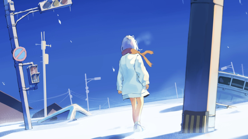 1girl blue_sky brown_scarf coat day from_behind ground_vehicle highres long_sleeves no_pants original outdoors power_lines road_sign scarf sign sky snow standing steam taizo4282 traffic_light utility_pole white_coat white_footwear white_hair winter