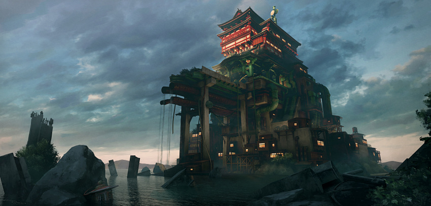 absurdres architecture blue_sky clouds east_asian_architecture evening highres industrial_pipe lantern mountainous_horizon no_humans ocean orange_sky original outdoors ruins scenery sky tomo_ro water