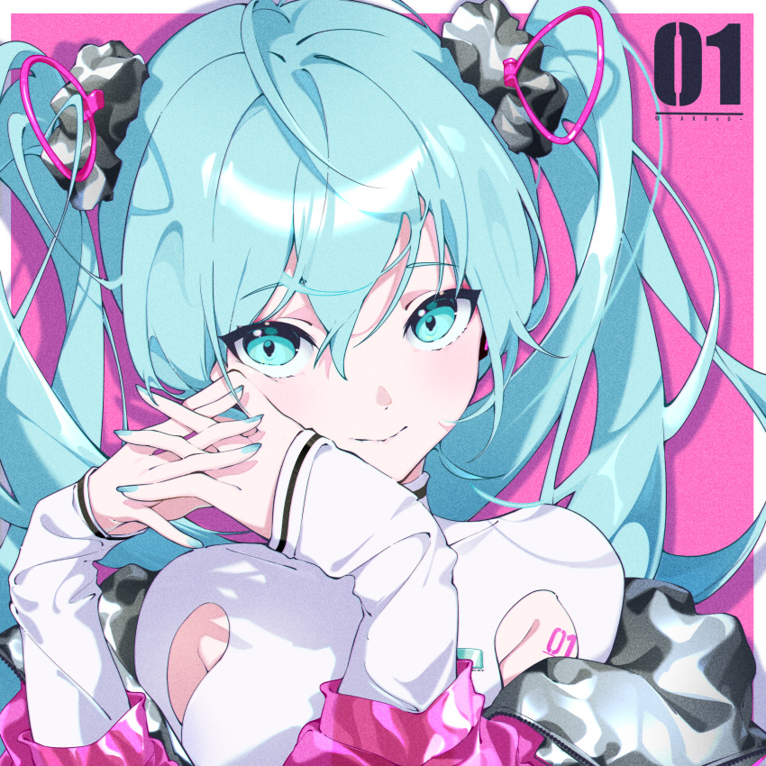 1girl absurdres akovo aqua_eyes aqua_hair aqua_nails armpit_cutout black_scrunchie blush chinese_commentary closed_mouth clothing_cutout commentary hair_between_eyes hair_ornament hair_scrunchie hatsune_miku head_rest highres interlocked_fingers jacket long_hair looking_at_viewer off_shoulder own_hands_together pink_jacket scrunchie solo solwa twintails vocaloid