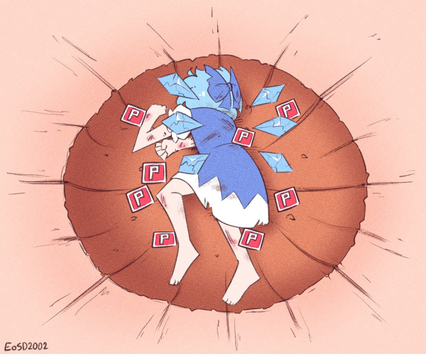 1girl artist_name barefoot blue_bow blue_dress blue_hair bow cirno commentary detached_wings dress english_commentary eosd2002 full_body hair_bow ice ice_wings meme power_item_(touhou) short_hair solo touhou wings yamcha_pose_(meme)