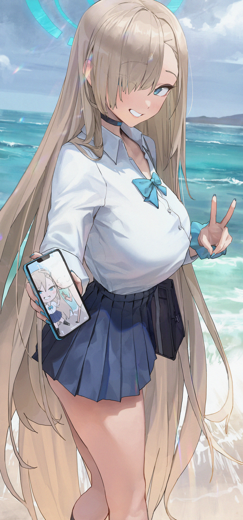 1girl absurdres arona's_sensei_doodle_(blue_archive) asuna_(blue_archive) beach bingwei_huang blue_archive blue_bow blue_bowtie blue_choker blue_nails blue_scrunchie blue_skirt blue_sky bow bowtie breasts brown_hair cellphone choker clouds day eyes_visible_through_hair fingernails hair_over_one_eye halo highres holding holding_phone large_breasts long_hair long_sleeves looking_at_viewer nail_polish ocean outdoors phone pleated_skirt scrunchie sensei_(blue_archive) shirt skirt sky solo v very_long_hair white_shirt wrist_scrunchie