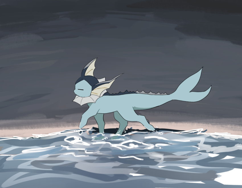 =_= animal_focus clouds cloudy_sky commentary day english_commentary from_side full_body grey_sky highres mixed-language_commentary no_humans outdoors pawpads pokemon pokemon_(creature) profile sky solo standing standing_on_liquid takashi_(pixiv_80298118) vaporeon walking water