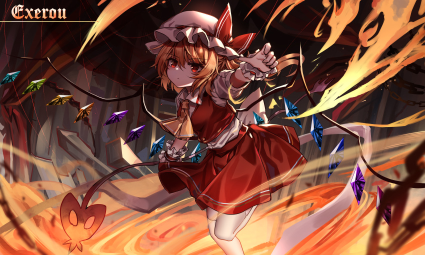 1girl absurdres ascot blonde_hair breasts fire flandre_scarlet foreshortening hair_between_eyes hat highres laevatein_(touhou) mob_cap reaching_towards_viewer red_eyes red_vest skirt skirt_set small_breasts solo top-exerou touhou vest yellow_ascot