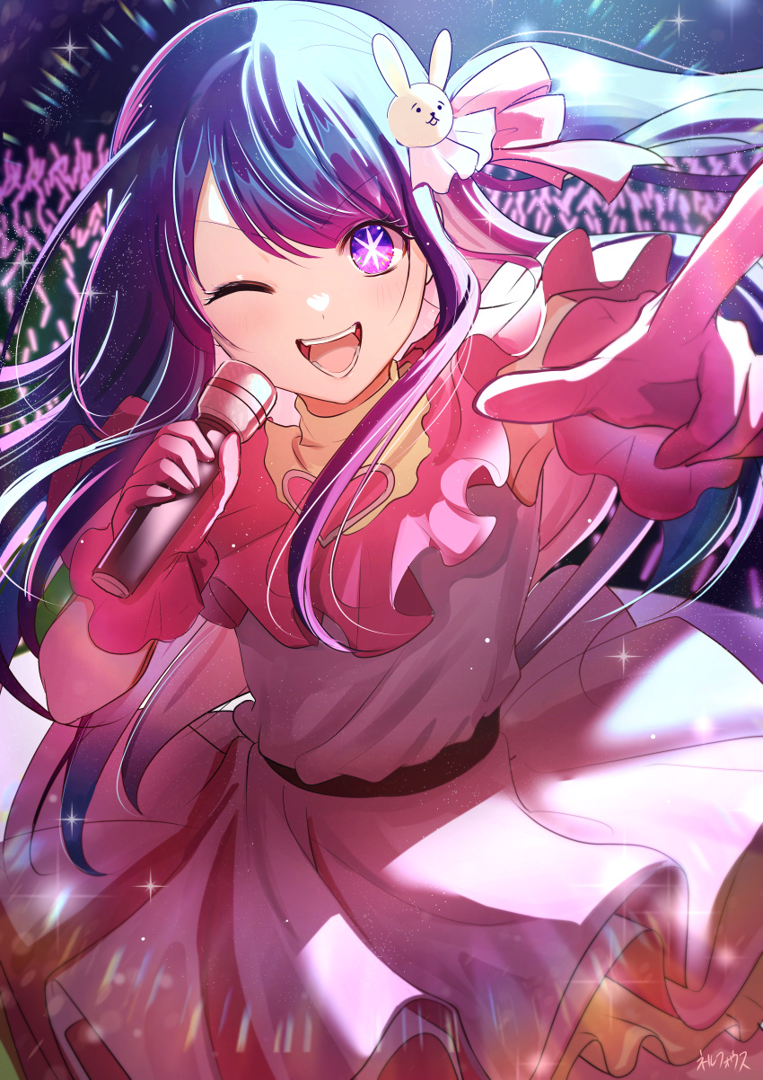 1girl absurdres commentary dress gloves glowstick hair_ornament highres holding holding_microphone hoshino_ai_(oshi_no_ko) idol long_hair looking_at_viewer microphone music nellforce one_eye_closed open_mouth oshi_no_ko pink_dress pink_eyes pink_gloves pointing purple_hair rabbit_hair_ornament singing sleeveless sleeveless_dress smile solo sparkle star-shaped_pupils star_(symbol) swept_bangs symbol-shaped_pupils violet_eyes