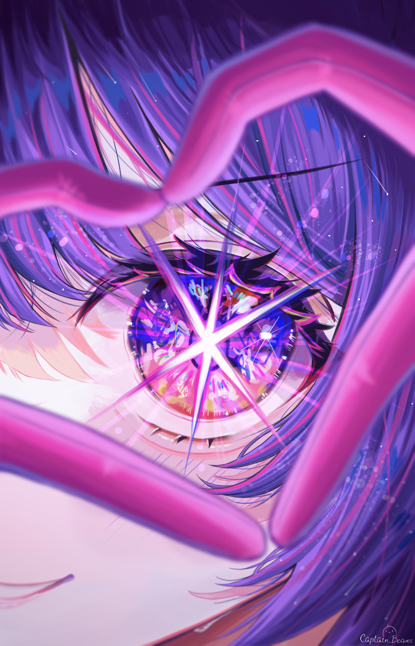 1girl absurdres artist_name blush close-up commentary dubeaduver eye_focus eyelashes gloves gradient_eyes heart heart_hands highres hoshino_ai_(oshi_no_ko) looking_at_viewer multicolored_eyes oshi_no_ko pink_eyes pink_gloves purple_hair smile solo star-shaped_pupils star_(symbol) symbol-shaped_pupils violet_eyes