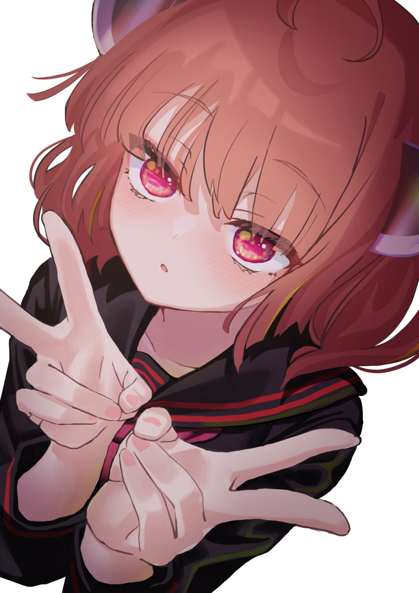 1girl ahoge black_serafuku blade blush brown_hair collarbone commentary_request cropped_torso double_v from_above half-closed_eyes hands_up headgear highres long_sleeves looking_at_viewer looking_up medium_hair open_mouth own_hands_together raised_eyebrows red_eyes school_uniform serafuku simple_background solo takanashi_yuki touhoku_kiritan v voiceroid white_background