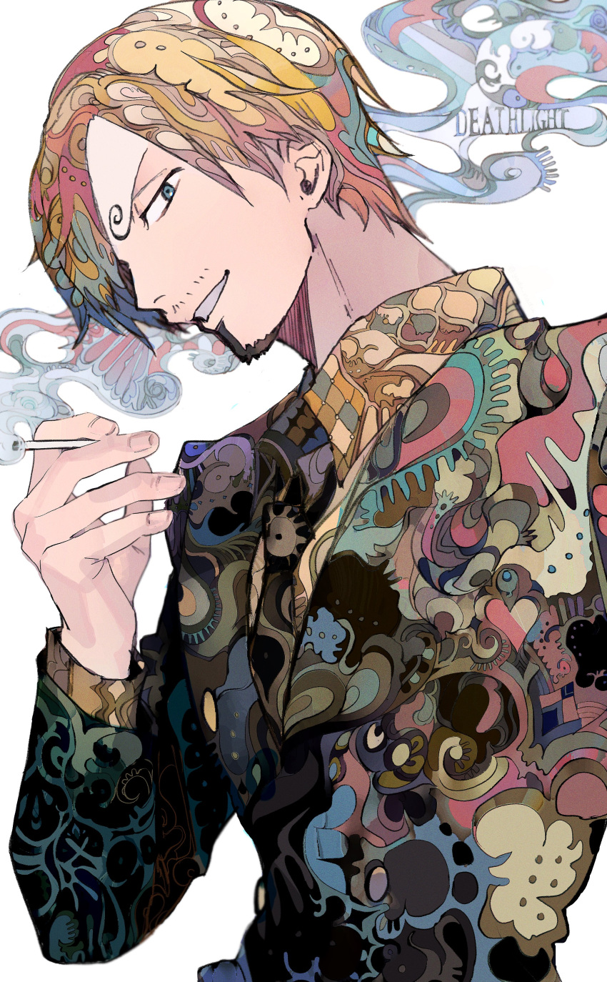 1boy absurdres black_suit blonde_hair cigarette curly_eyebrows facial_hair formal hair_over_one_eye highres looking_at_viewer male_focus one_piece profile sanji_(one_piece) shirt short_hair smile smoke smoking solo straw_hat_pirates suit upper_body white_background yadu_nadu