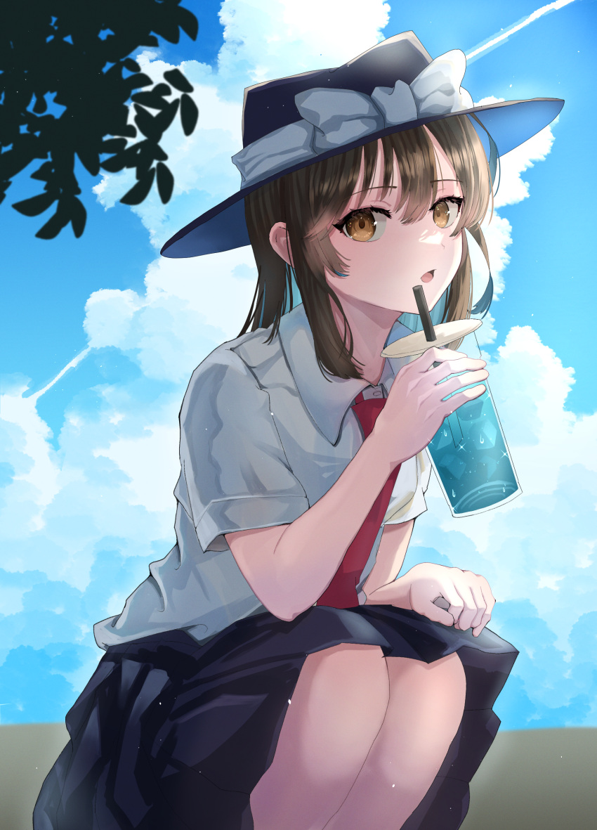1girl absurdres bow breasts brown_eyes brown_hair clouds cumulonimbus_cloud cup drinking_straw erisauria fedora feet_out_of_frame hair_between_eyes hat hat_bow highres holding holding_cup leaf looking_at_viewer medium_hair necktie open_mouth outdoors red_necktie short_sleeves sky small_breasts solo sparkle squatting touhou usami_renko white_bow wing_collar