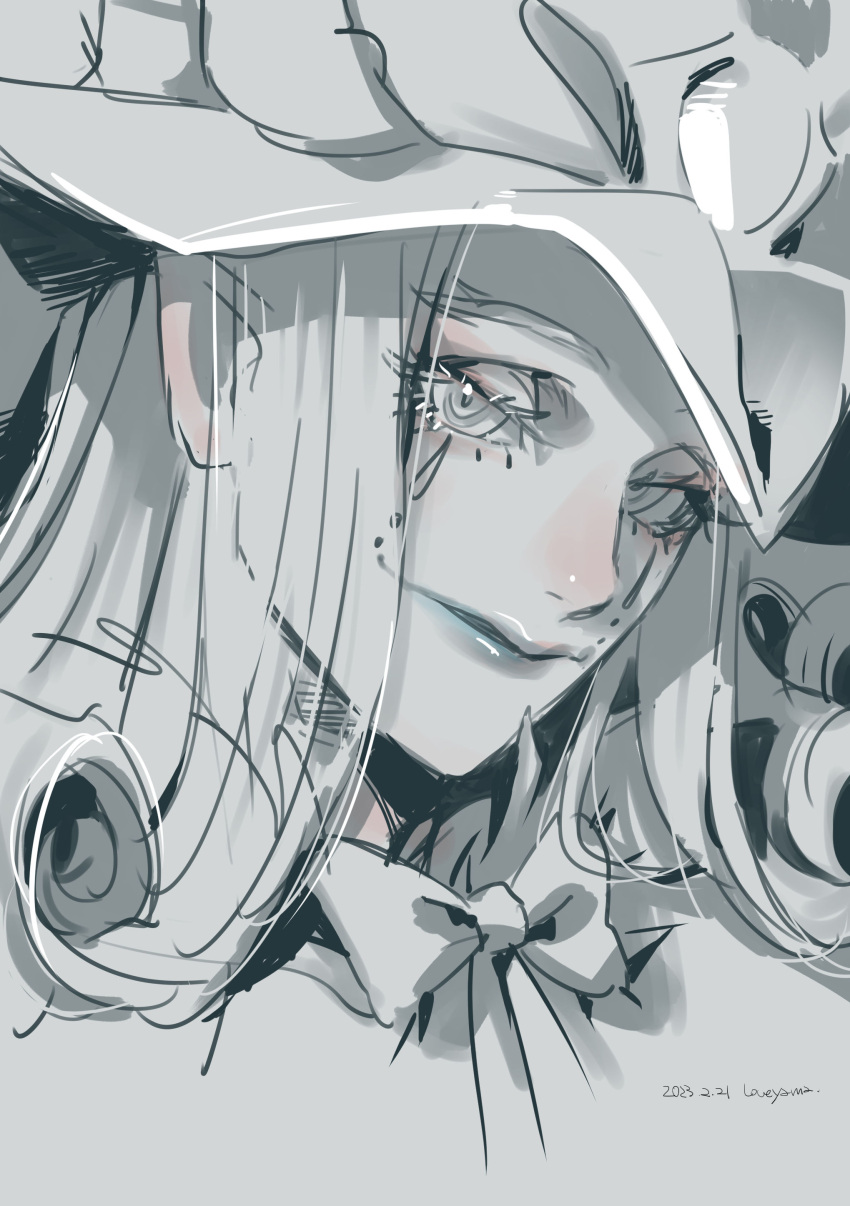 1boy absurdres bow bowtie clown curly_hair demon_boy fate/grand_order fate_(series) hat headpiece highres long_hair looking_at_viewer loveyama makeup male_focus mephistopheles_(fate) monochrome smile solo teardrop upper_body