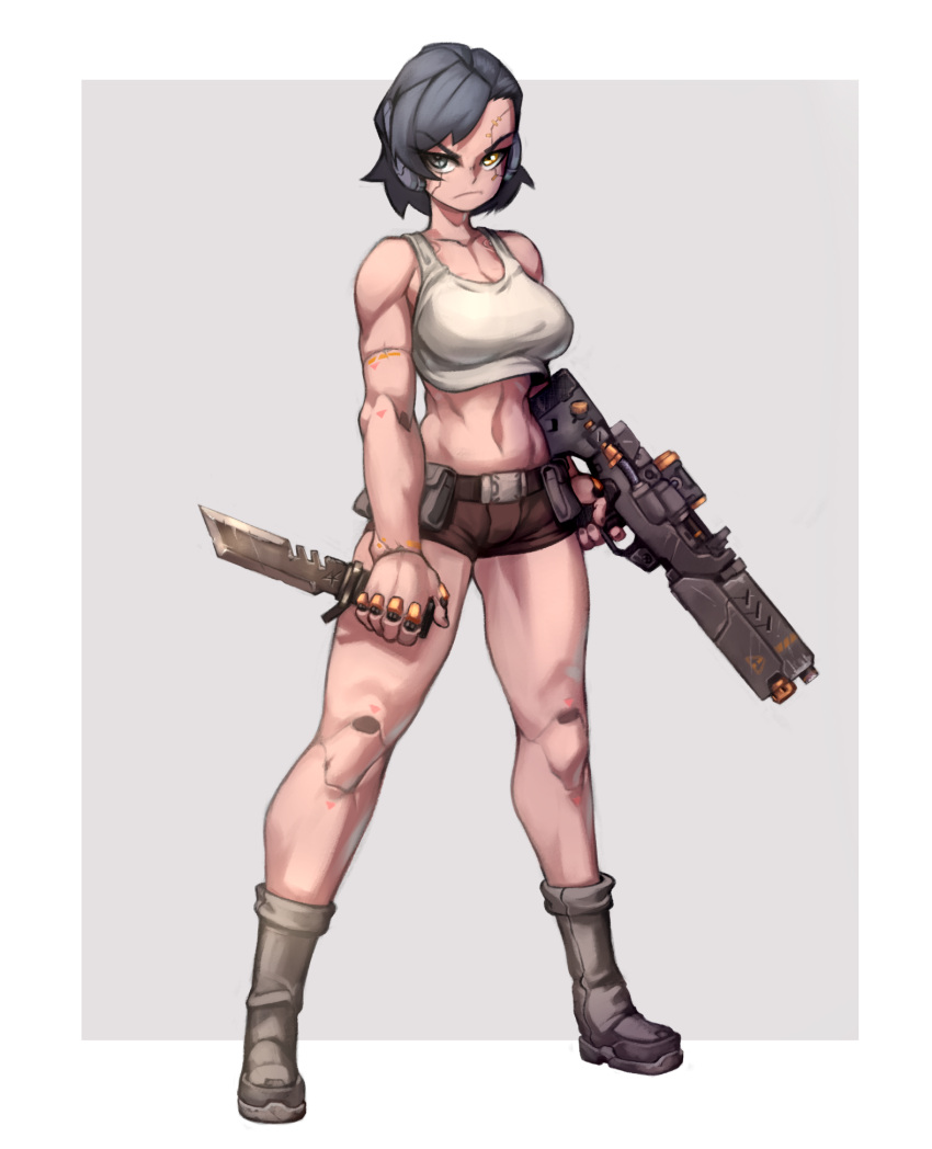 1girl ammunition_pouch assault_rifle belt black_hair boots cyborg dual_wielding frown grey_eyes gun highres holding kelvin_hiu knife looking_at_viewer multicolored_eyes optical_sight original pouch prosthesis rifle short_hair shorts solo weapon yellow_eyes