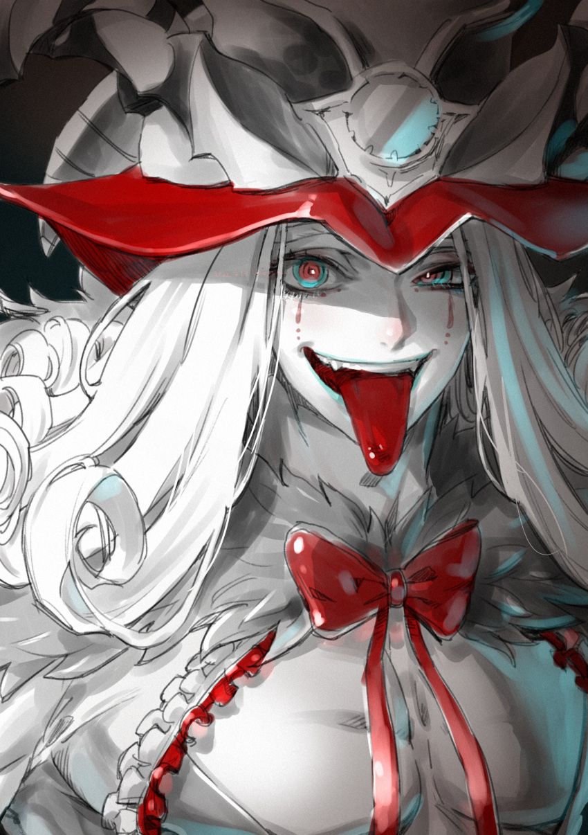 1boy absurdres blue_eyes bow bowtie cape clown colored_skin curly_hair demon_boy fate/grand_order fate_(series) fur-trimmed_cape fur_trim grin hat headpiece highres long_hair looking_at_viewer loveyama makeup male_focus mephistopheles_(fate) multicolored_eyes pectorals red_bow red_bowtie smile solo teardrop thick_eyebrows tongue tongue_out white_skin