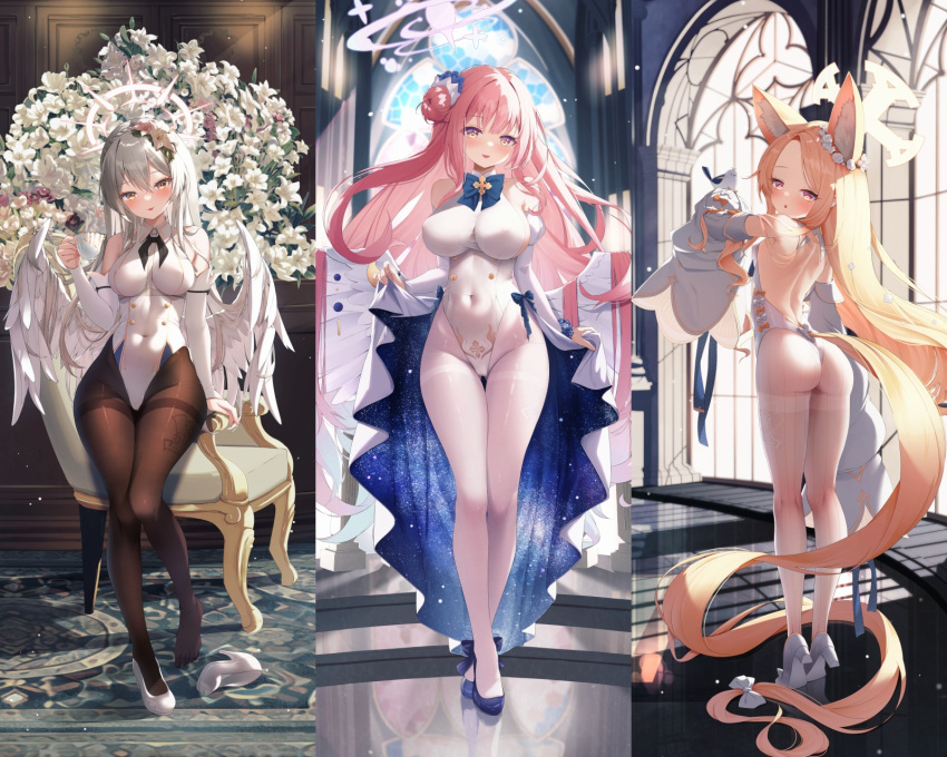 angel_wings animal_ear_fluff animal_ears ass bird blue_archive bow bowtie breasts brown_pantyhose cup detached_collar feathered_wings flower fox_ears hair_bun hair_flower hair_ornament halo hato_haru high_heels highleg highleg_leotard highres holding holding_cup large_breasts leotard long-tailed_tit low_wings mika_(blue_archive) nagisa_(blue_archive) pantyhose parted_bangs pink_hair pink_halo playboy_bunny scrunchie seia_(blue_archive) single_side_bun sleeve_bow sleeves_past_wrists strapless strapless_leotard tail teacup tit_(bird) white_bird white_pantyhose white_wings wing_ornament wings wrist_cuffs wrist_scrunchie