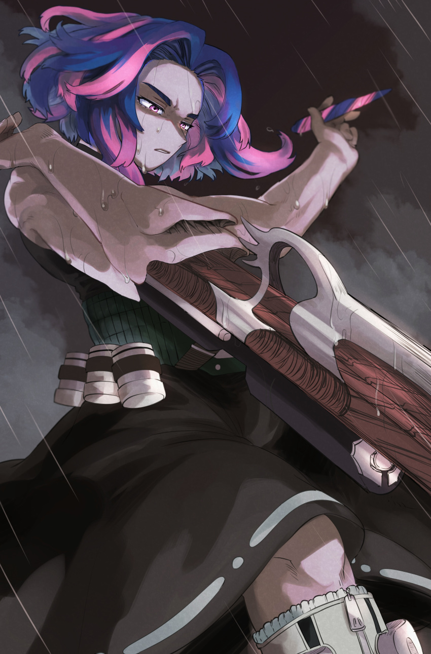1girl absurdres aiming annoyed bare_arms bare_shoulders belt black_dress black_sky blue_hair blurry boku_no_hero_academia boots bullet clouds depth_of_field dress floating_clothes floating_hair from_side furrowed_brow ganbartohu0 glowing glowing_eyes grey_footwear gun highres holding holding_bullet knee_boots lady_nagant looking_afar looking_away looking_down multicolored_hair narrowed_eyes outdoors outstretched_arms parted_bangs parted_lips pink_hair prosthetic_weapon rain ribbon-trimmed_dress short_hair sky sleeveless sleeveless_turtleneck sleeveless_turtleneck_dress solo stepping thick_eyebrows turtleneck two-tone_hair upper_body utility_belt violet_eyes weapon wet zipper_footwear zipper_pull_tab