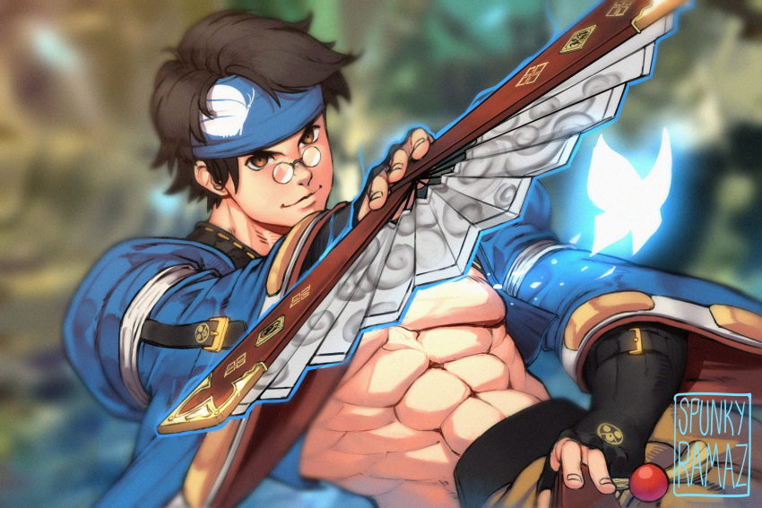 1boy abs artist_name black_gloves black_hair blue_headband blurry blurry_background brown_eyes closed_mouth fingerless_gloves glasses gloves guilty_gear guilty_gear_strive hand_fan headband highres holding holding_fan holding_weapon large_pectorals male_focus mito_anji muscular muscular_male navel pectorals round_eyewear short_hair solo spunkyramaz weapon wide_sleeves