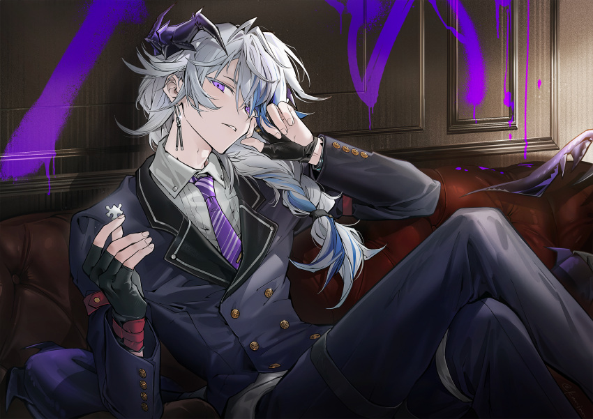 1boy arknights black_gloves black_suit blue_hair couch cowboy_shot demon_horns earrings fingerless_gloves formal gloves graffiti hair_over_one_eye half_gloves hand_up highres horns indoors infection_monitor_(arknights) jewelry kaninn male_focus multicolored_hair navel on_couch ponytail puzzle_(arknights) puzzle_piece single_earring sitting solo suit tassel tassel_earrings two-tone_hair violet_eyes white_hair