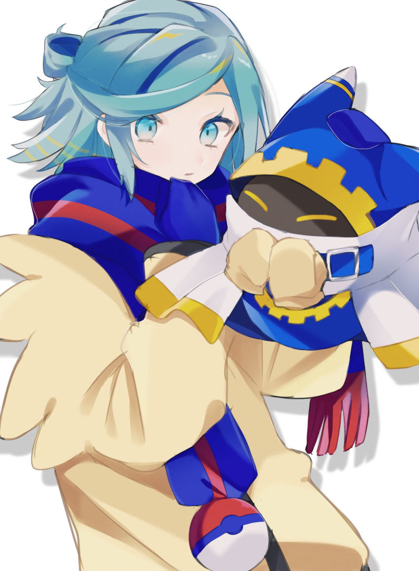 2boys blue_eyes blue_gloves closed_eyes disembodied_limb gloves grusha_(pokemon) highres kirby's_return_to_dream_land kirby_(series) looking_at_another magolor male_focus multiple_boys pokemon pokemon_(game) pokemon_sv scarf simple_background sweater ukocome white_background yellow_eyes