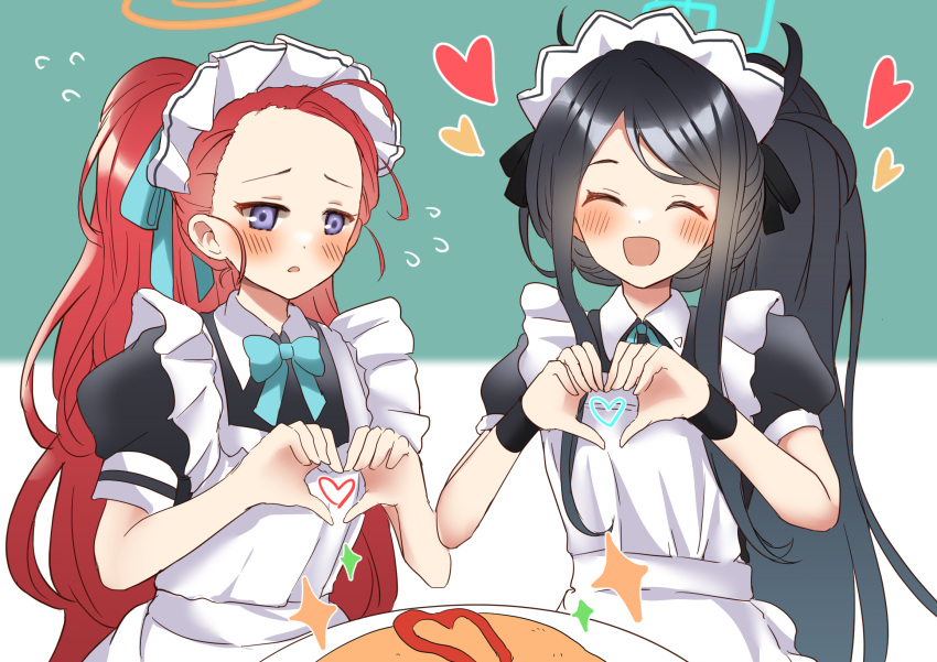2girls :d ^_^ absurdly_long_hair alternate_costume apron aris_(maid)_(blue_archive) black_hair blue_archive bow closed_eyes commentary_request enmaided flying_sweatdrops food forehead hair_between_eyes hair_bow hair_ribbon halo heart heart_hands highres jin_ne_kung long_hair looking_at_viewer maid maid_apron maid_headdress moe_moe_kyun! multiple_girls official_alternate_costume official_alternate_hairstyle omelet omurice parted_bangs parted_lips plate ponytail redhead ribbon short_sleeves sidelocks simple_background smile very_long_hair violet_eyes yuzu_(maid)_(blue_archive)