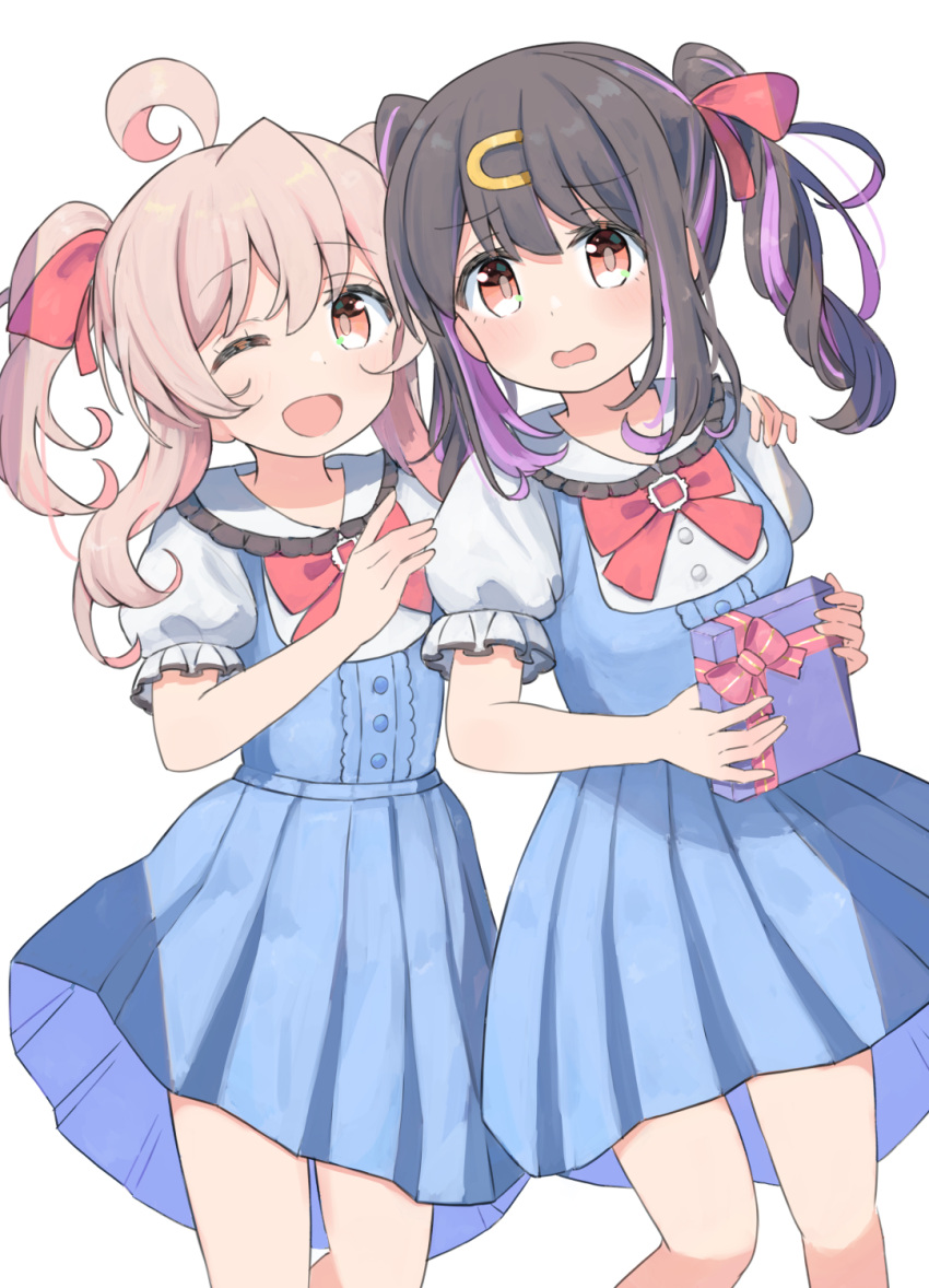 2girls :o ;d ahoge alternate_hairstyle bare_arms bare_legs black_hair blue_dress brown_eyes commentary dress frills gift hair_between_eyes hair_ornament hair_ribbon hairclip highres long_hair looking_at_viewer matching_hairstyle multicolored_hair multiple_girls one_eye_closed onii-chan_wa_oshimai! oyama_mahiro oyama_mihari pink_hair puffy_short_sleeves puffy_sleeves purple_hair red_ribbon ribbon short_sleeves siblings simple_background sisters smile tetesudeesu twintails two-tone_hair white_background