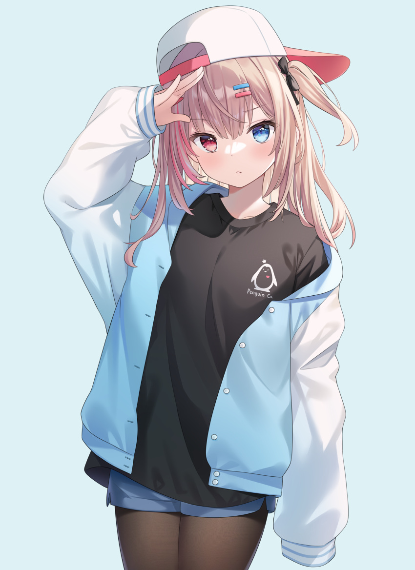1girl arm_up backwards_hat black_bow black_shirt blue_background blue_eyes blue_jacket blue_shorts blush bow breasts brown_hair brown_pantyhose closed_mouth hair_bow hair_ornament hairclip hat heterochromia highres hitsukuya jacket legwear_under_shorts long_hair long_sleeves looking_at_viewer meme multicolored_hair off_shoulder one_side_up open_clothes open_jacket original pantyhose pink_hair puffy_long_sleeves puffy_sleeves red_eyes shirt short_shorts shorts simple_background sleeves_past_wrists small_breasts solo streaked_hair white_headwear
