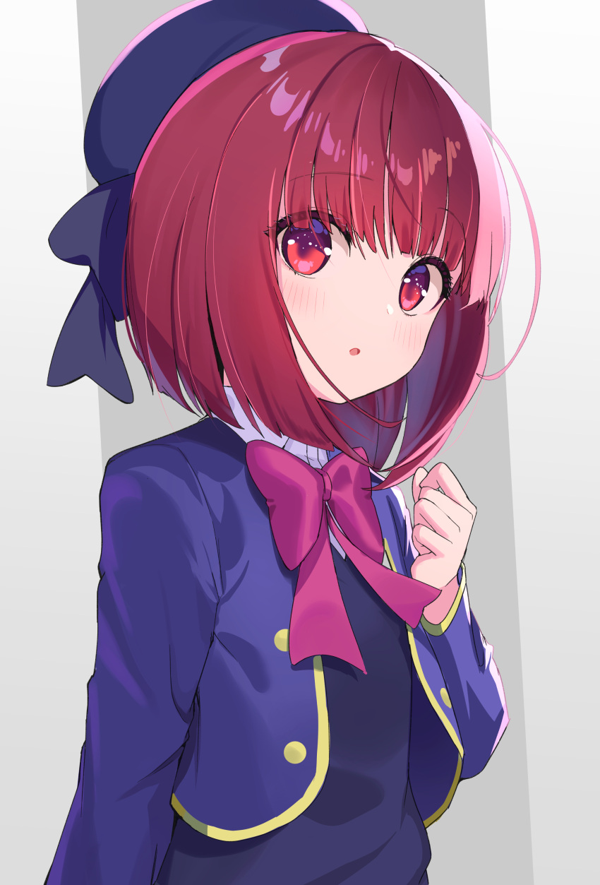 1girl :o absurdres arima_kana beret black_dress blue_headwear blue_jacket blush bow collared_shirt commentary cropped_jacket dress gradient_background grey_background hand_up hat highres jacket long_sleeves looking_at_viewer ohihil open_clothes open_jacket oshi_no_ko parted_lips pink_bow red_eyes redhead revision shirt solo white_background white_shirt