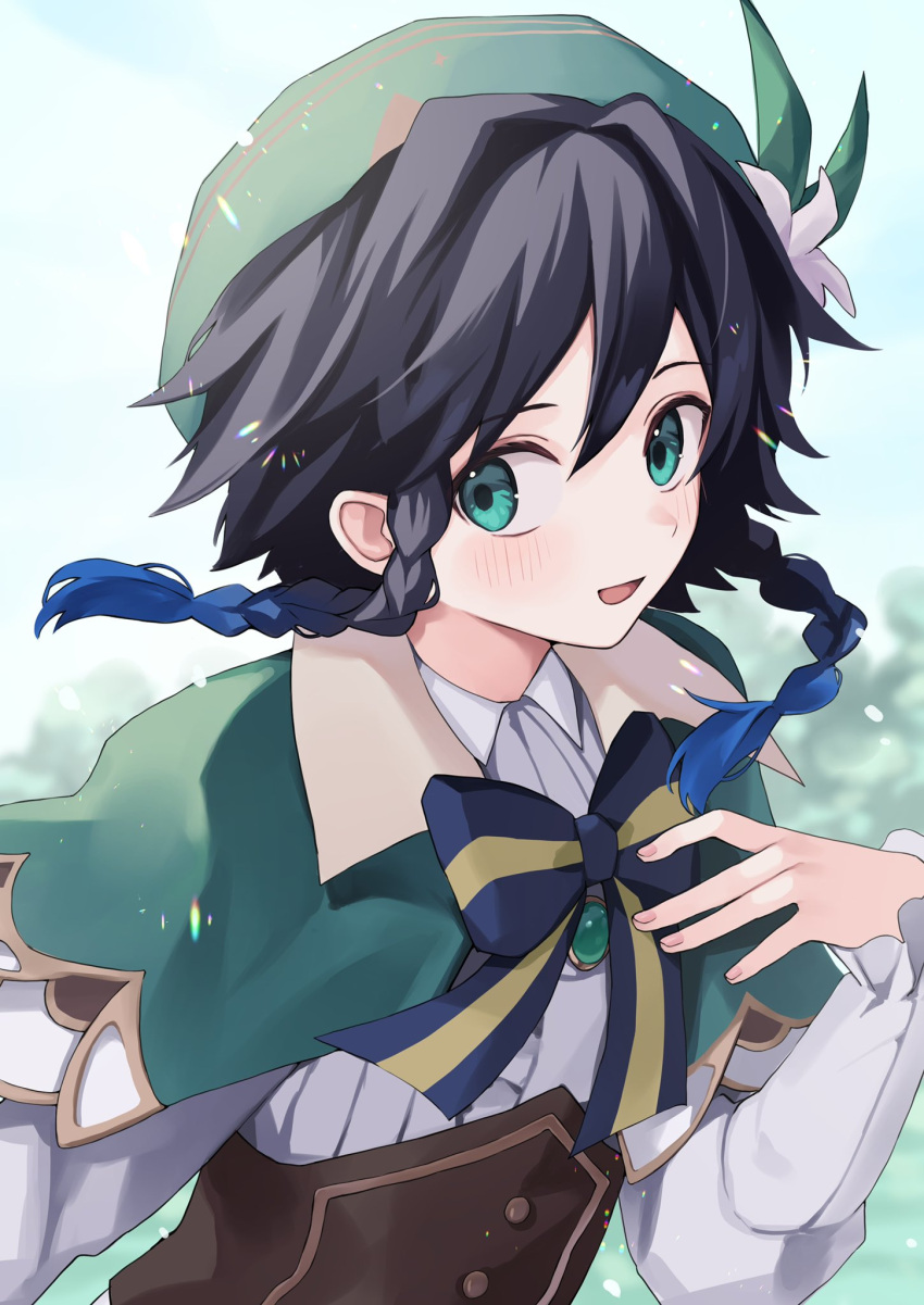 1boy androgynous black_hair blue_hair blush braid brooch cape collared_cape corset frilled_sleeves frills genshin_impact gradient_hair green_cape green_eyes hand_up highres jewelry juliet_sleeves kashuu_(pixiv_66328082) light_particles long_sleeves multicolored_hair puffy_sleeves shirt short_hair_with_long_locks solo twin_braids venti_(genshin_impact) white_shirt