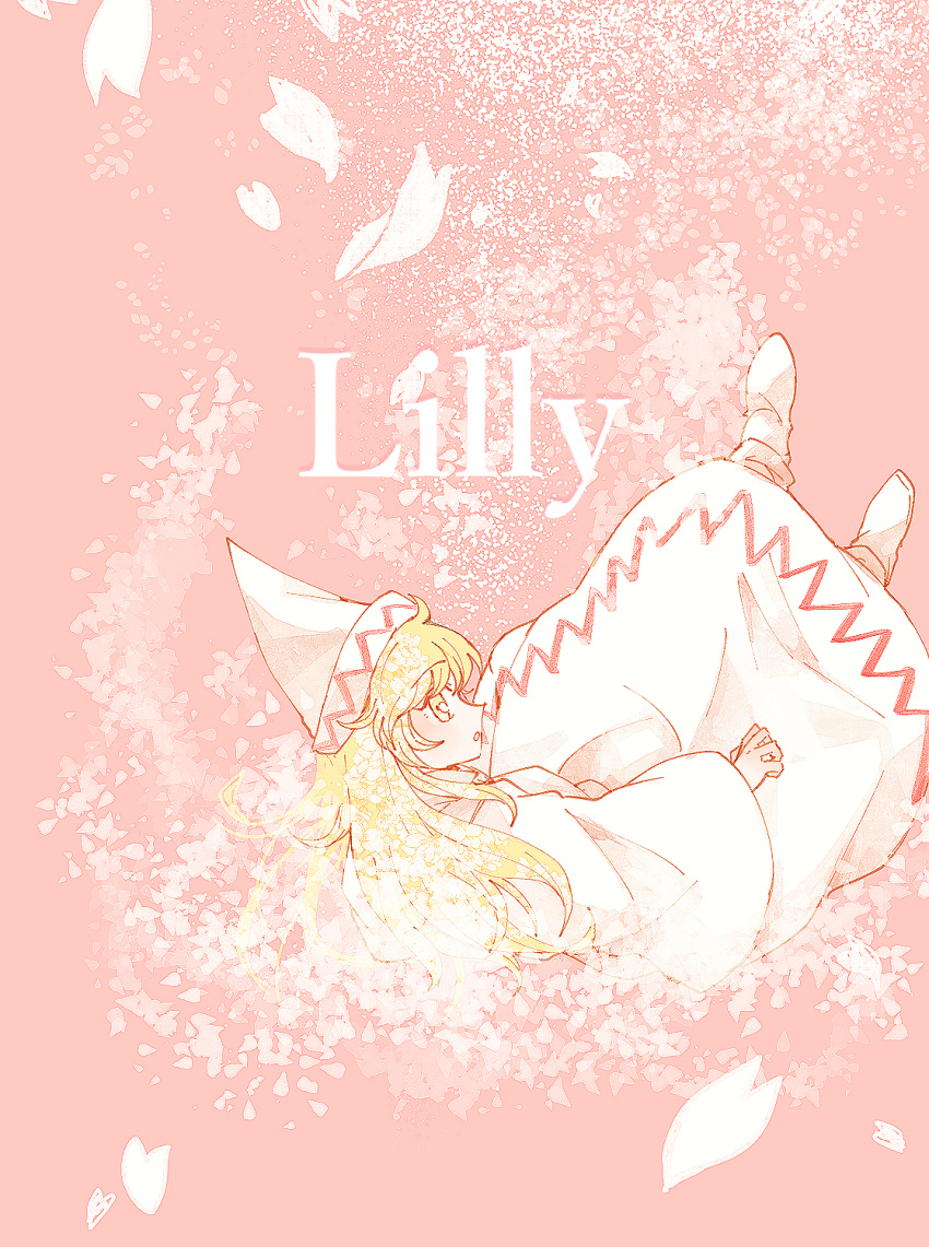 1girl blonde_hair dress english_text hat highres itomugi-kun lily_white long_hair long_sleeves open_mouth petals pink_background profile shoes solo touhou white_dress white_footwear white_headwear wide_sleeves yellow_eyes