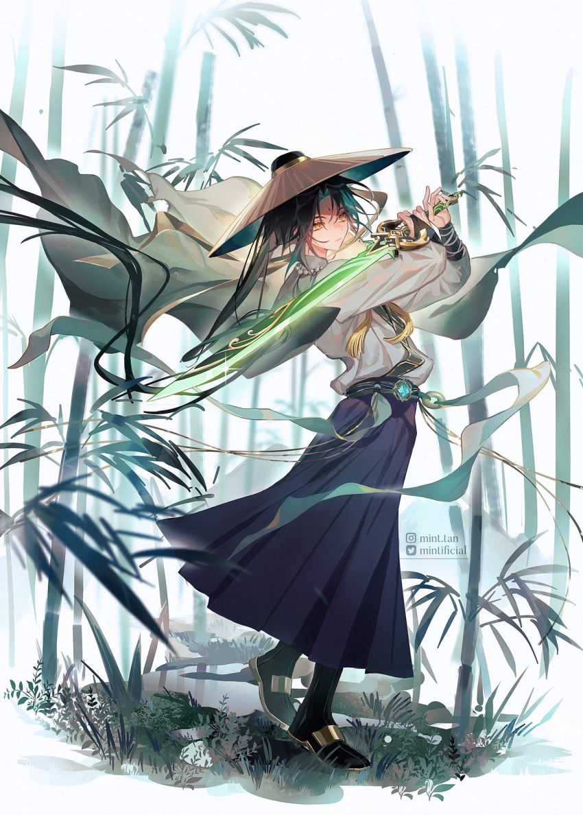 1boy artist_name bamboo bamboo_forest belt black_belt black_footwear black_hair blue_gemstone blue_hair blurry blurry_background boots brown_headwear closed_mouth eyeshadow facial_mark forehead_mark forest gem genshin_impact grass grey_shirt hair_between_eyes hands_up hat highres holding holding_sword holding_weapon jewelry jingasa long_hair long_sleeves looking_to_the_side makeup male_focus mint-tan multicolored_hair nature necklace pants pearl_necklace puffy_long_sleeves puffy_sleeves purple_pants red_eyeshadow shirt simple_background solo standing sword two-tone_hair vision_(genshin_impact) watermark weapon white_background xiao_(genshin_impact) yellow_eyes