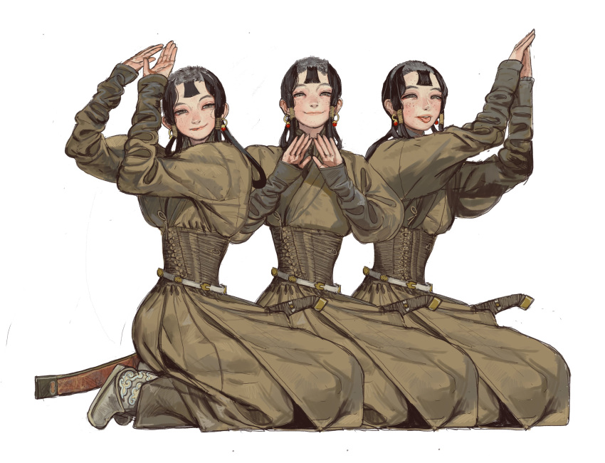 3boys absurdres androgynous black_hair corset earrings freckles grey_eyes grey_footwear hair_rings highres jewelry kneeling long_hair mongolian_clothes mossacannibalis multiple_boys original shaved_head sheath sheathed sleeves_past_wrists smile tongue tongue_out white_background