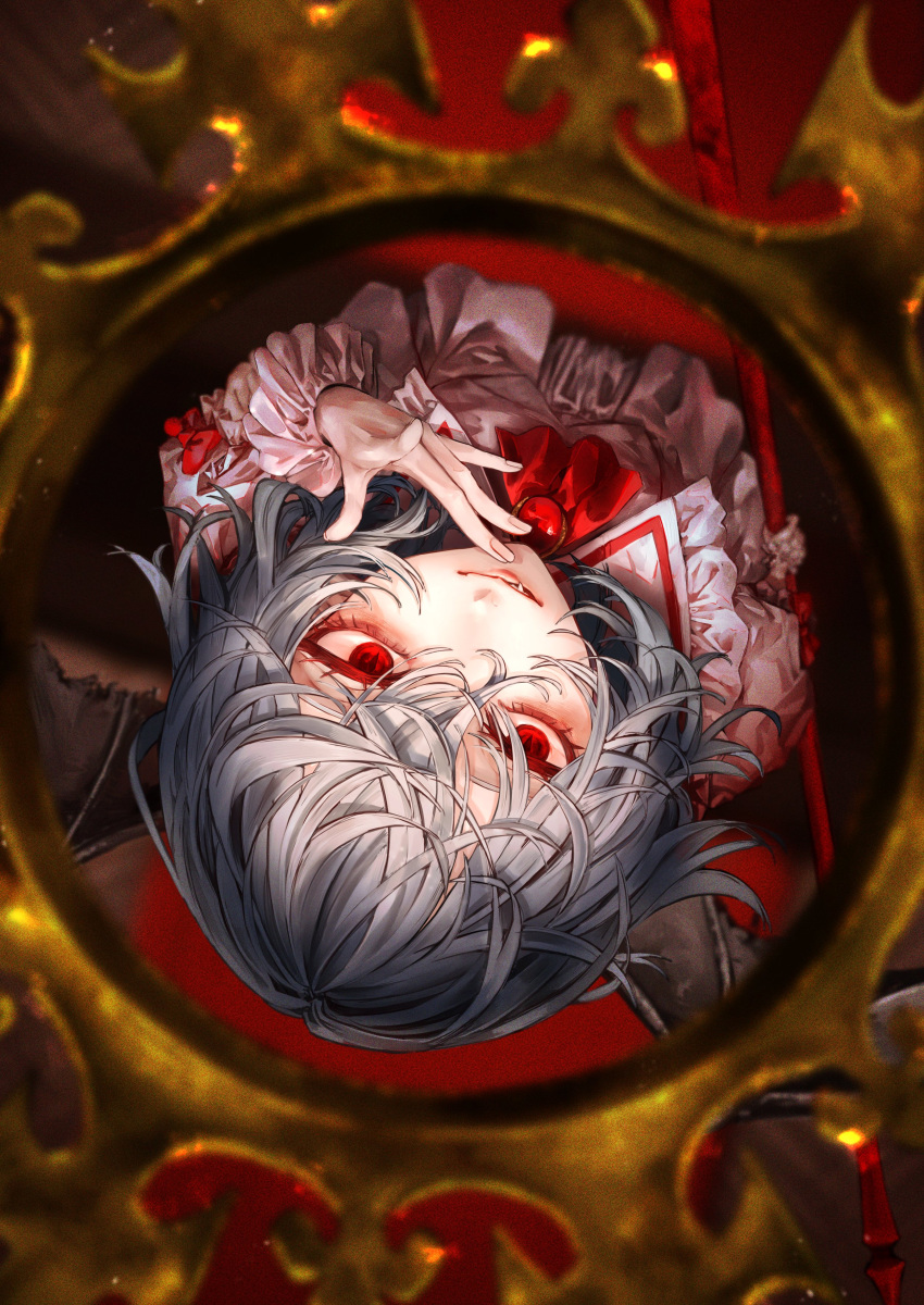 1girl absurdres ascot blurry blurry_foreground brooch depth_of_field fang fang_out fingernails frills from_above grey_hair hair_between_eyes hand_up highres indoors jewelry looking_at_viewer medium_hair no_headwear parted_lips red_ascot red_eyes remilia_scarlet safutsuguon sanpaku slit_pupils solo touhou upside-down upturned_eyes