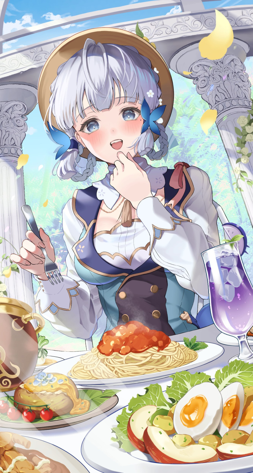 1girl absurdres blue_dress blue_eyes blue_sky blunt_tresses braid brown_headwear butterfly_hair_ornament butterfly_ring clouds collar cup day detached_collar dress egg_(food) falling_leaves fingernails food fork fruit genshin_impact grey_hair hair_ornament hair_rings hair_up hand_to_own_mouth happy hat_leaf highres holding holding_fork ice ice_cube kamisato_ayaka kamisato_ayaka_(springbloom_missive) leaf long_sleeves mitarashimame mole mole_under_eye multicolored_clothes multicolored_dress neck_tassel official_alternate_costume official_alternate_hairstyle open_mouth outdoors pasta pillar plate puffy_long_sleeves puffy_sleeves short_hair sitting sky solo spaghetti sunlight table teeth upper_teeth_only white_collar white_dress
