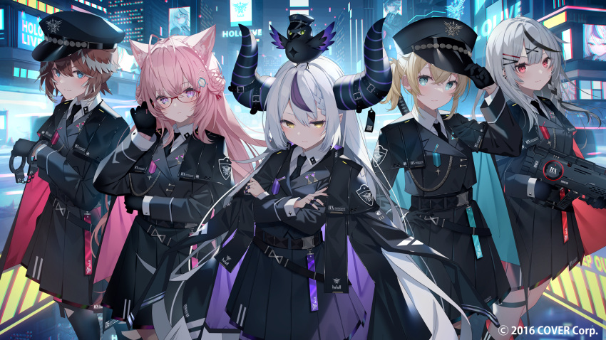 5girls animal_ears black_hair blonde_hair blue_eyes closed_mouth coat collared_shirt crossed_arms cuffs demon_horns dress fox_ears green_eyes gun hakui_koyori handcuffs hat highres holding holding_gun holding_handcuffs holding_weapon hololive horns ishihara_(kuniyoshi) katana kazama_iroha la+_darknesss long_hair long_sleeves looking_at_viewer multicolored_hair multiple_girls necktie pink_hair purple_hair red_eyes sakamata_chloe shirt smile standing sword takane_lui uniform violet_eyes virtual_youtuber weapon white_hair white_shirt yellow_eyes