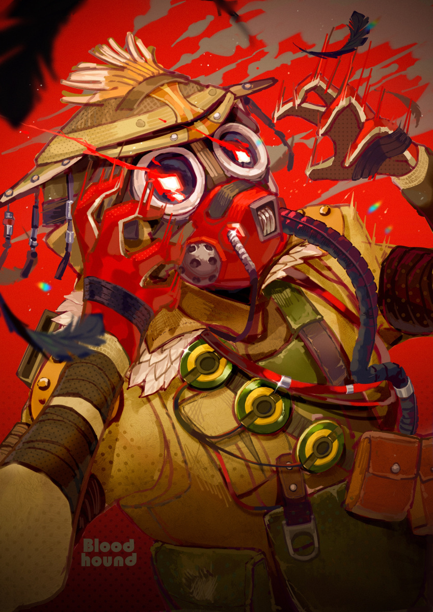 1other absurdres ambiguous_gender apex_legends black_feathers bloodhound_(apex_legends) brown_headwear brown_jacket cable character_name eye_trail feathers helmet highres jacket light_trail motion_blur open_hands other_focus rebreather red_background smoke solo upper_body zhongji