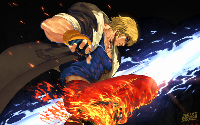 1boy absurdres artist_name black_coat black_gloves blonde_hair blue_eyes blue_tank_top coat fingerless_gloves fire gloves highres jewelry ken_masters large_pectorals male_focus muscular muscular_male necklace open_clothes open_coat pants pectorals red_pants short_hair sleeves_rolled_up solo spunkyramaz street_fighter street_fighter_6 tank_top