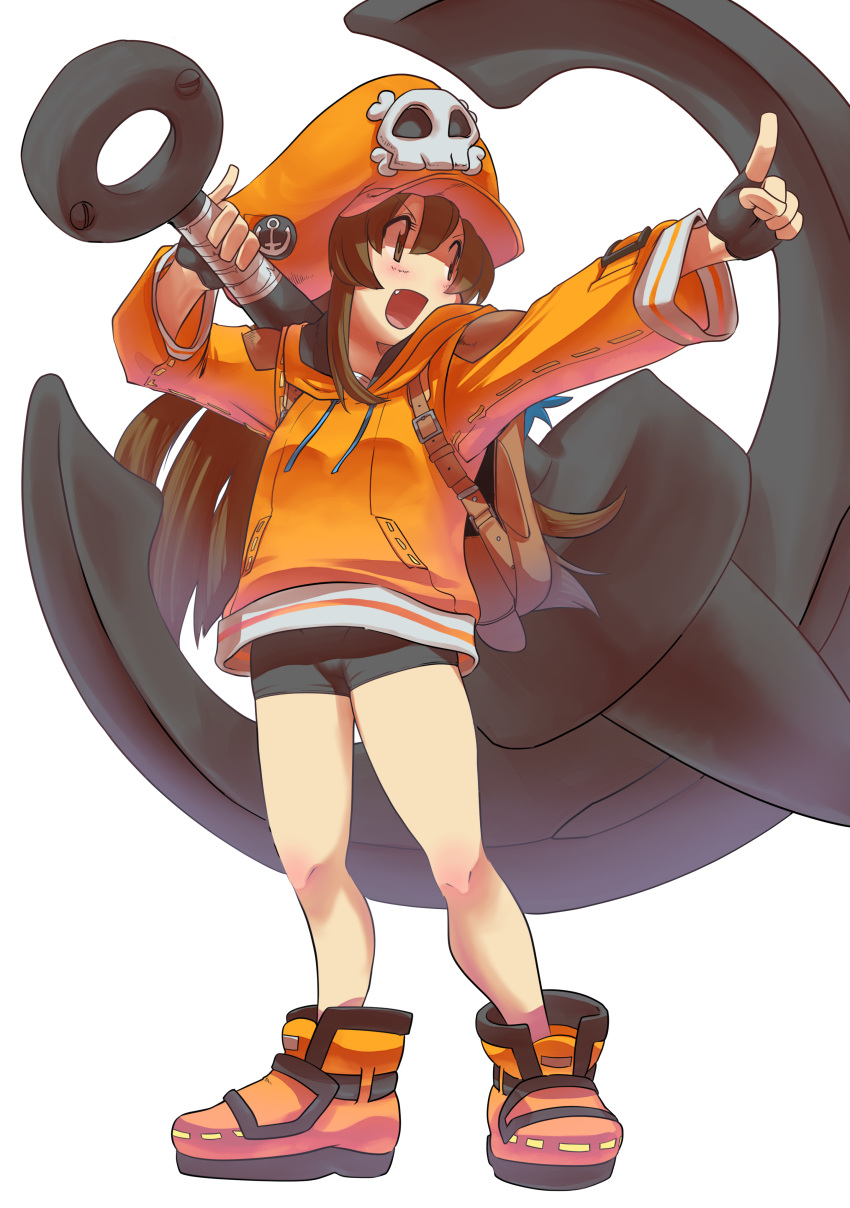 1girl absurdres anchor anchor_symbol backpack bag bike_shorts black_gloves border breasts brown_eyes brown_hair closed_mouth fingerless_gloves full_body gloves grey_background guilty_gear guilty_gear_strive hat highres holding holding_weapon hood hoodie huge_weapon long_hair looking_afar may_(guilty_gear) open_mouth orange_footwear orange_headwear orange_hoodie orange_shirt pirate_hat pointing shirt simple_background skull_and_crossbones smile solo tamotu_kun weapon white_border