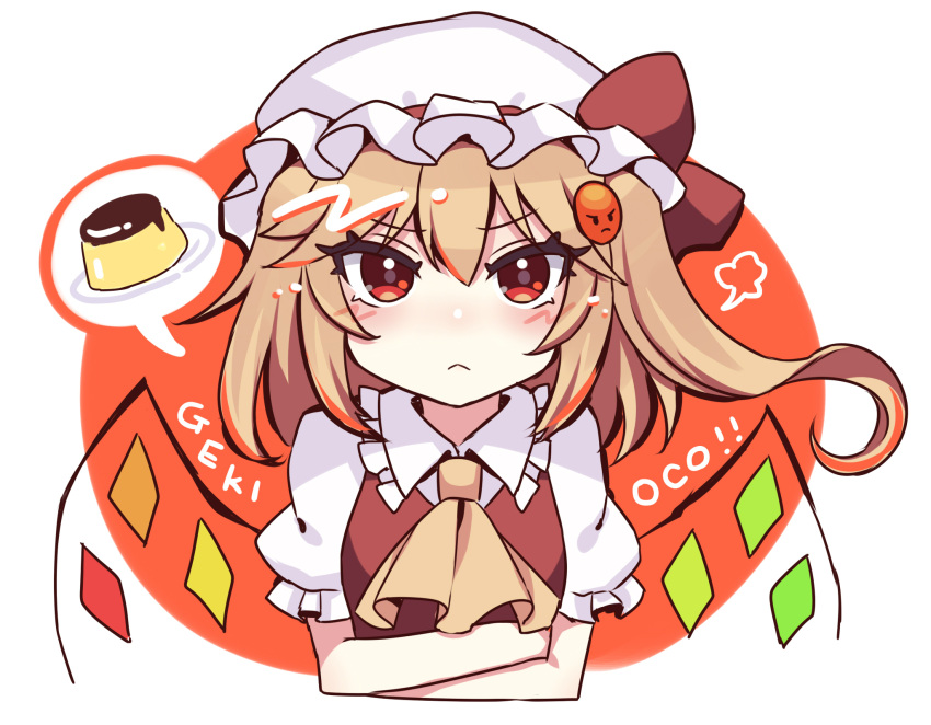 1girl :&lt; ascot closed_mouth crossed_arms crystal custard emoji flandre_scarlet hat hat_ribbon highres looking_at_viewer medium_hair mob_cap one_side_up red_eyes red_ribbon ribbon short_sleeves solo subaru_(subachoco) touhou upper_body white_headwear wings yellow_ascot